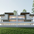 Modern Semi-detached Villa Exterior Design With Large Windows And Lush Green Surroundings