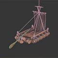 Traditional Wooden Boat With Log Raft Structure Canvas Sail And Wooden Oar