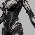 Woman In Futuristic High Tech Mechanical Armor Suit With Sleek Metallic Details