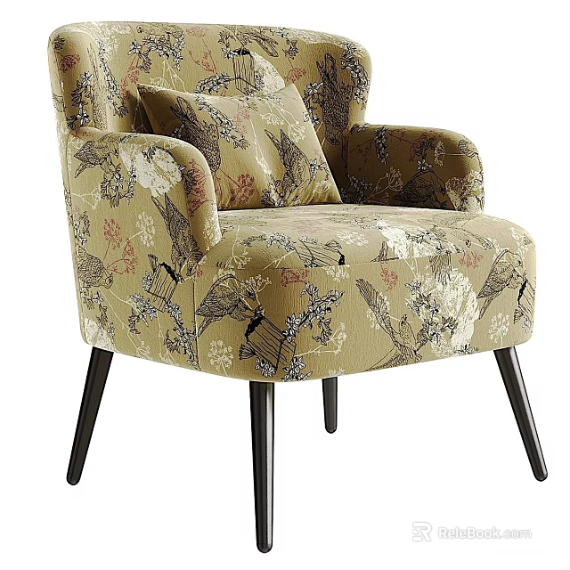Elegant Accent Chair With Bird And Floral Pattern Beige Upholstery Black Wooden Legs And Cushion 3d model 