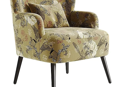 Elegant Accent Chair With Bird And Floral Pattern Beige Upholstery Black Wooden Legs And Cushion 3d model