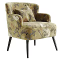 Elegant Accent Chair With Bird And Floral Pattern Beige Upholstery Black Wooden Legs And Cushion