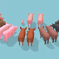Low Poly Style Pigs In Various Sizes And Colors Standing On Light Blue Background