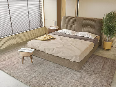 Modern Cozy Double Bed with Upholstered Headboard Light Bed Sheets Nightstand and Green Plant 3d model
