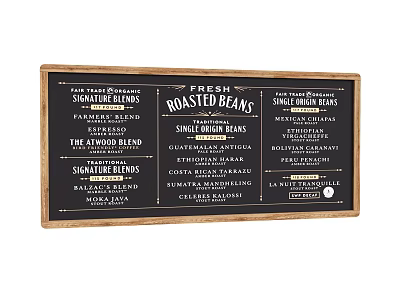 Chalkboard Style Wall Decor With Fresh Roasted Coffee Bean Text And Wooden Frame 3d model