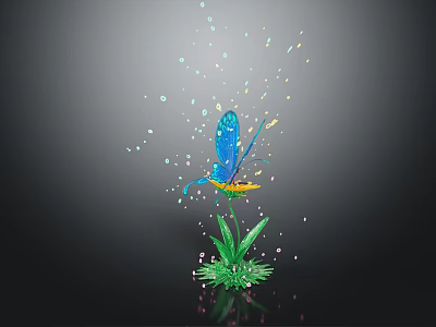 Green Plant with Yellow Flower and Blue Butterfly and Colorful Dots on Black Background 3d model