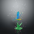 Green Plant with Yellow Flower and Blue Butterfly and Colorful Dots on Black Background