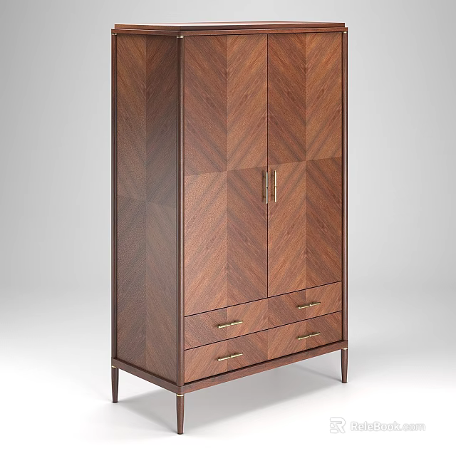 Elegant Dark Brown Herringbone Chest of Drawers With Gold Handles and Slim Legs 3d model 
