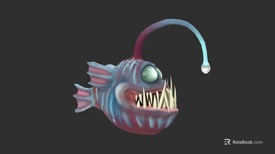 Deep Sea Anglerfish With Colorful Stripes Large Green Eyes Sharp Teeth And Bioluminescent Lure 3d model 