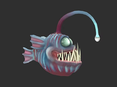 Deep Sea Anglerfish With Colorful Stripes Large Green Eyes Sharp Teeth And Bioluminescent Lure 3d model