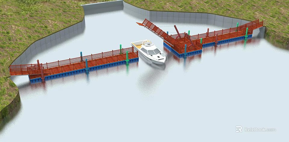 Garden Landscape With Water Area Wooden Dock Red Railings And White Boat 3d model 