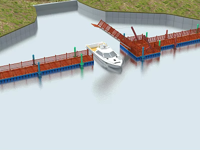 Garden Landscape With Water Area Wooden Dock Red Railings And White Boat 3d model