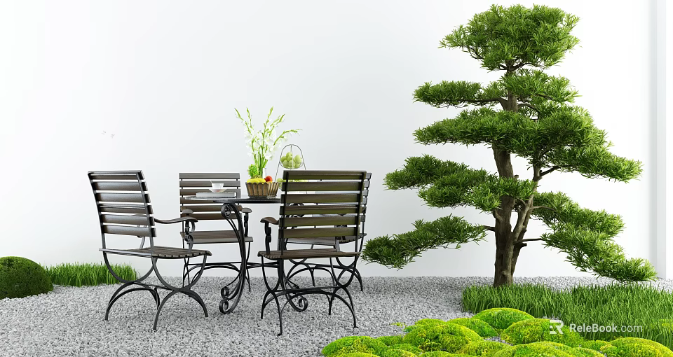 Outdoor Table with Wooden Slat Chairs Near Pine Tree on Gravel Ground with Green Plants 3d model 