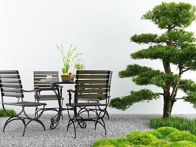 Outdoor Table with Wooden Slat Chairs Near Pine Tree on Gravel Ground with Green Plants 3d model