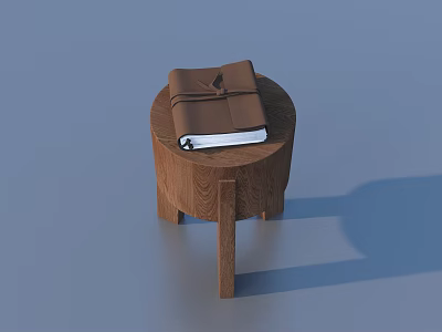 Round Wooden Stool With Leather Notebook On Top In Minimalist Design 3d model