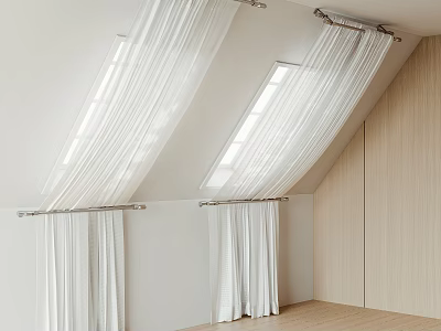 White Sheer Curtains for Sloped Ceiling Windows in Minimalist Room With Wooden Walls 3d model