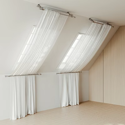 White Sheer Curtains for Sloped Ceiling Windows in Minimalist Room With Wooden Walls 3d model