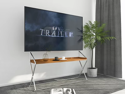 Large Screen TV Mounted On Wall With Wooden Metal Stand Green Plant And Grey Rug 3d model