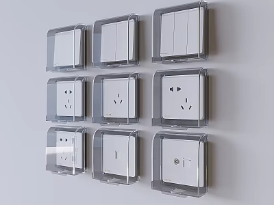 Modern Switch Panels With Transparent Covers Mounted On White Wall Featuring Various Sockets And Switches 3d model