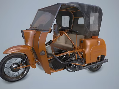 Vintage Brown Three Wheeled Motorcycle With Canopy Windshield And Light Colored Seat 3d model