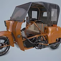 Vintage Brown Three Wheeled Motorcycle With Canopy Windshield And Light Colored Seat