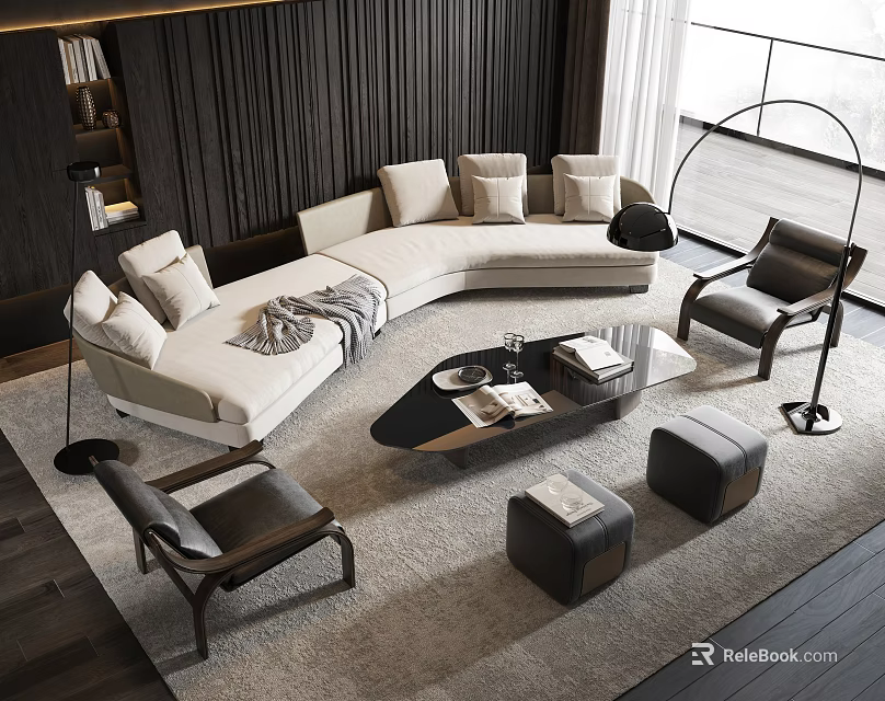 Modern L Shaped Sofa Coffee Table Set With Armchairs Ottoman And Floor Lamp 3d model 