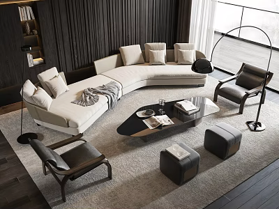 Modern L Shaped Sofa Coffee Table Set With Armchairs Ottoman And Floor Lamp 3d model