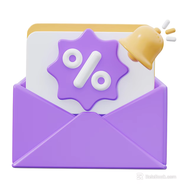 Essential Daily Life Supplies Including Purple Envelope Card With Percentage Symbol And Yellow Bell 3d model 
