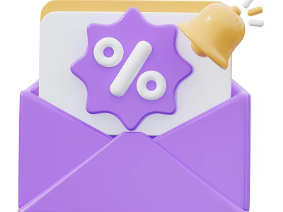 Essential Daily Life Supplies Including Purple Envelope Card With Percentage Symbol And Yellow Bell 3d model