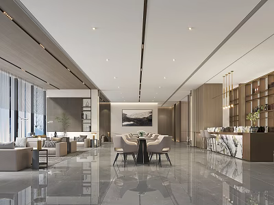 Modern Sales Office Interior Design With Spacious Layout Large Windows Comfortable Seating And Marble Counter 3d model