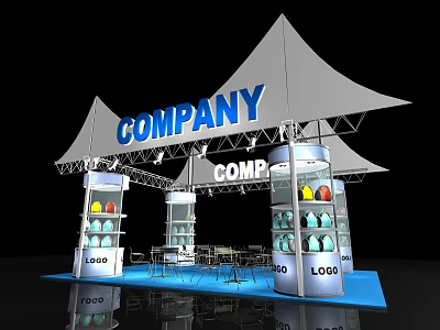 Company Exhibition Booth With White Tents Display Cases And Colorful Items 3d model