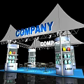 Company Exhibition Booth With White Tents Display Cases And Colorful Items