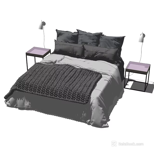 Modern Double Bed With Gray Quilt Black Pillows Purple Nightstands And White Table Lamps 3d model 