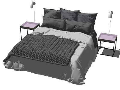 Modern Double Bed With Gray Quilt Black Pillows Purple Nightstands And White Table Lamps 3d model