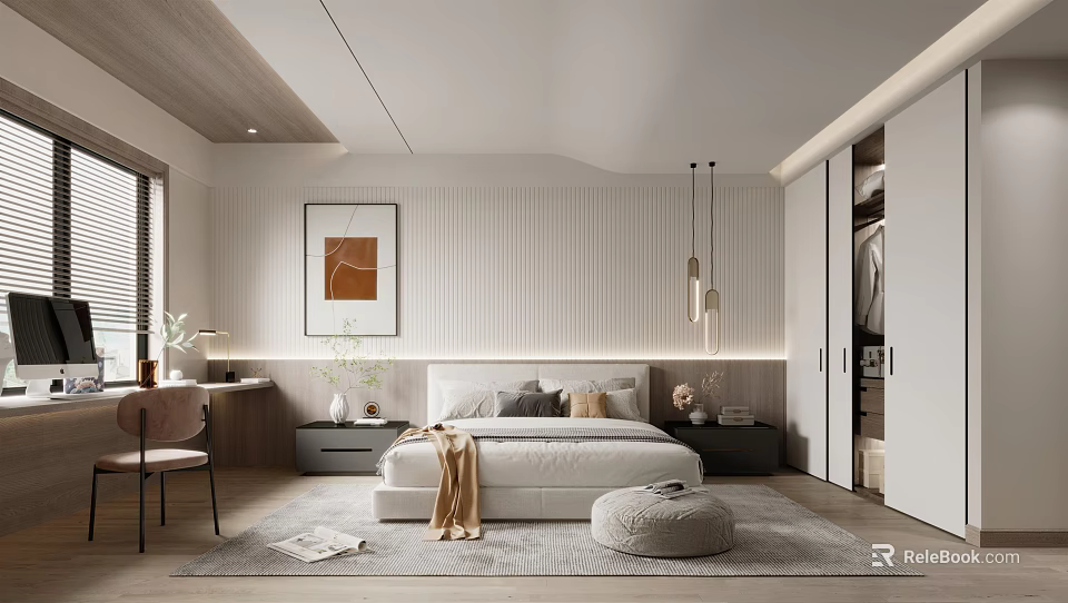 Minimalist Modern Bedroom Interior With Platform Bed Striped Wall And Pendant Lights 3d model 