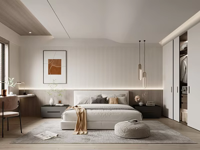 Minimalist Modern Bedroom Interior With Platform Bed Striped Wall And Pendant Lights 3d model