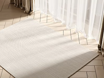 Light Beige Square Rug With Woven Texture Placed On Wooden Floor Near Curtains 3d model