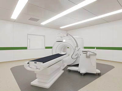 Hospital Outpatient CT Room With Modern Medical Equipment Examination Table White Walls And Green Stripes 3d model