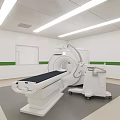 Hospital Outpatient CT Room With Modern Medical Equipment Examination Table White Walls And Green Stripes