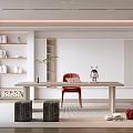 Modern Minimalist Study Room With Shelves Table And Red Chair 3d model