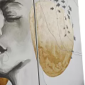 Portrait Painting With Closed Eyes Side Profile Golden Circular Shapes Black Fish Patterns White Background
