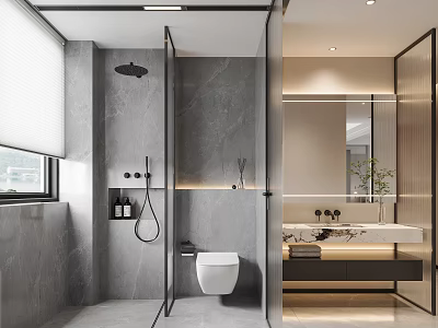 Modern Bathroom Interior With Gray Marble Walls Shower Area Toilet And Vanity Mirror 3d model