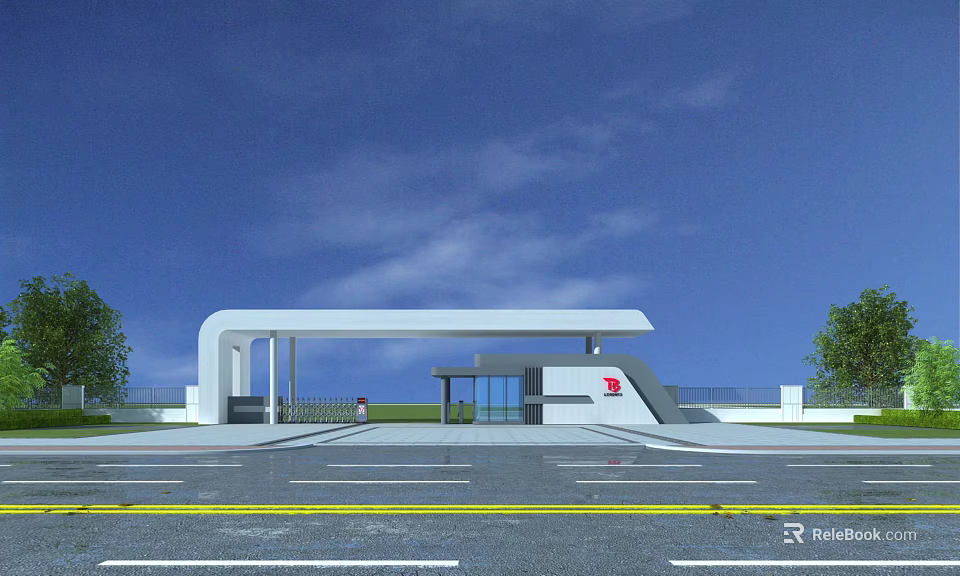 Modern White Arched Entrance Gate With Glass Elements And Green Trees Under Blue Sky 3d model 