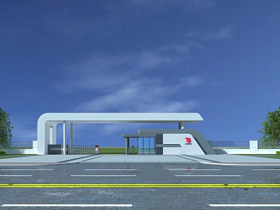 Modern White Arched Entrance Gate With Glass Elements And Green Trees Under Blue Sky 3d model