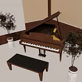 Elegant Wooden Grand Piano With Matching Bench Potted Trees Against Wall Under Blue Sky