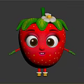 Cartoon Strawberry Character with Big Eyes Arms Legs Green Leaves and White Flower Cute Design