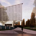 Modern Sales Office Building With Glass Facade And Geometric Design Surrounded By Trees