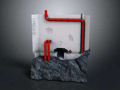 Industrial Style Washbasin With Exposed Red Pipes Gray Rock Base And White Wall 3d model