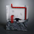 Industrial Style Washbasin With Exposed Red Pipes Gray Rock Base And White Wall