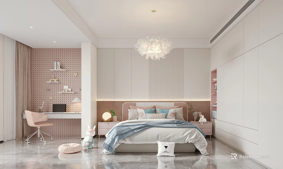Modern Children's Bedroom With Pink Decor Bed Study Desk And Chandelier 3d model 